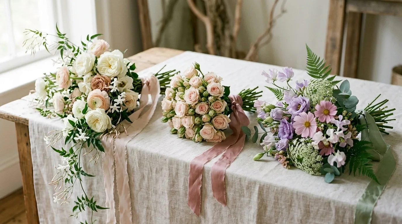Three bouquets on a linen-covered table: a trailing bouquet of white roses and jasmine, a round posy of spray roses, and a loose hand-tied bouquet of sweet peas and lisianthus