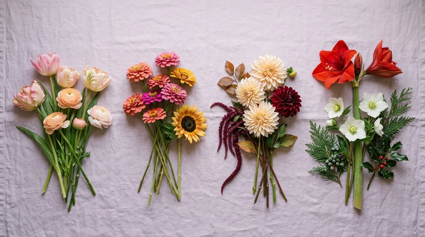 Four groups of cut flowers on lavender linen: tulips and ranunculus, zinnias and a sunflower, dahlias and amaranth, and amaryllis with hellebores and evergreens