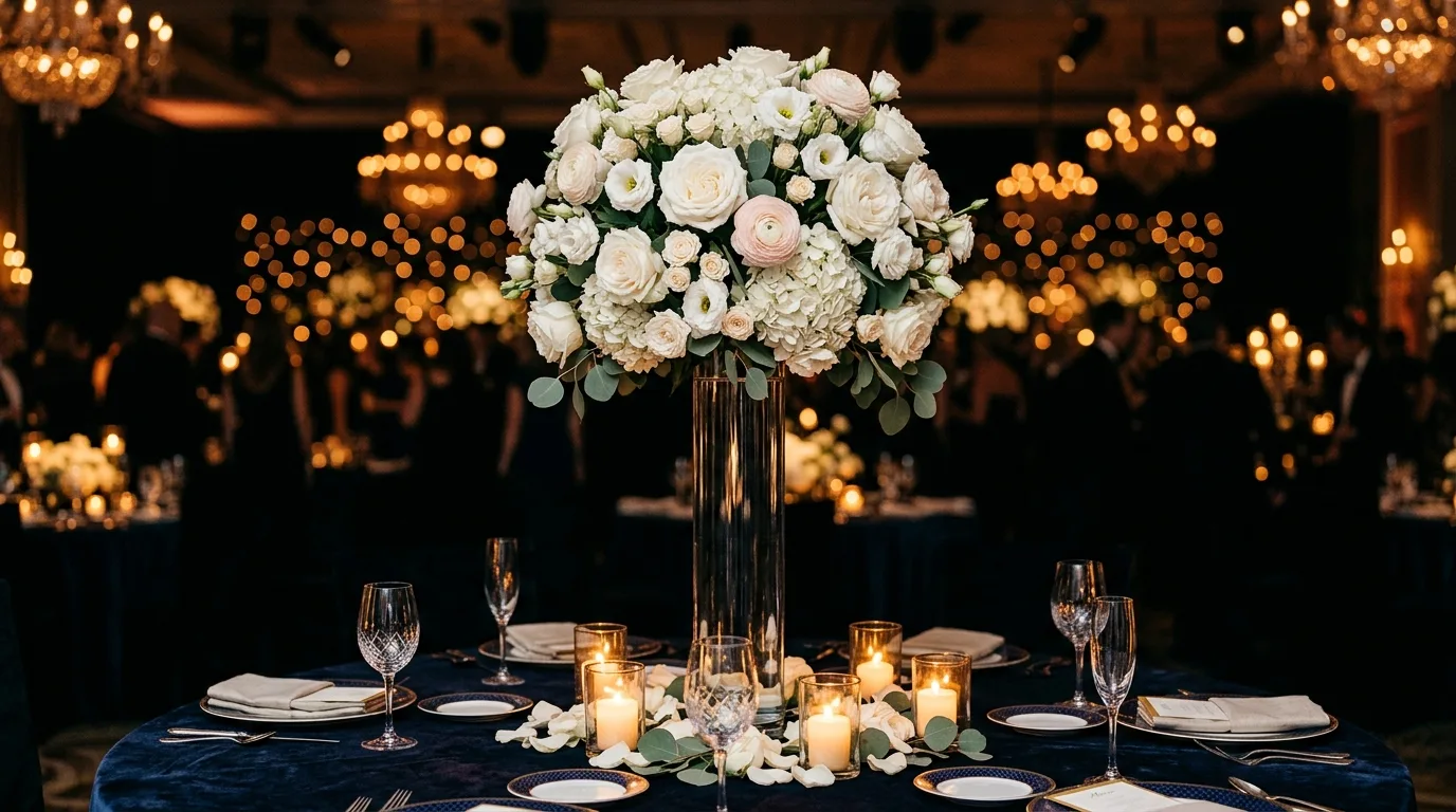 Tall centerpiece of white roses, hydrangea, and blush ranunculus raised on a clear glass cylinder above a candlelit gala table