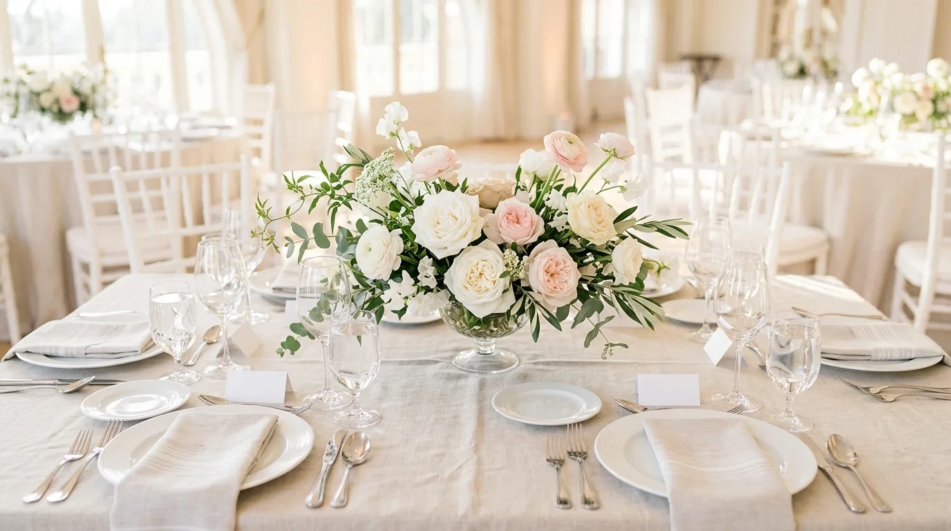 Elegant corporate gala table centerpiece with white garden roses and blush ranunculus in a tall glass vase, surrounded by votive candles