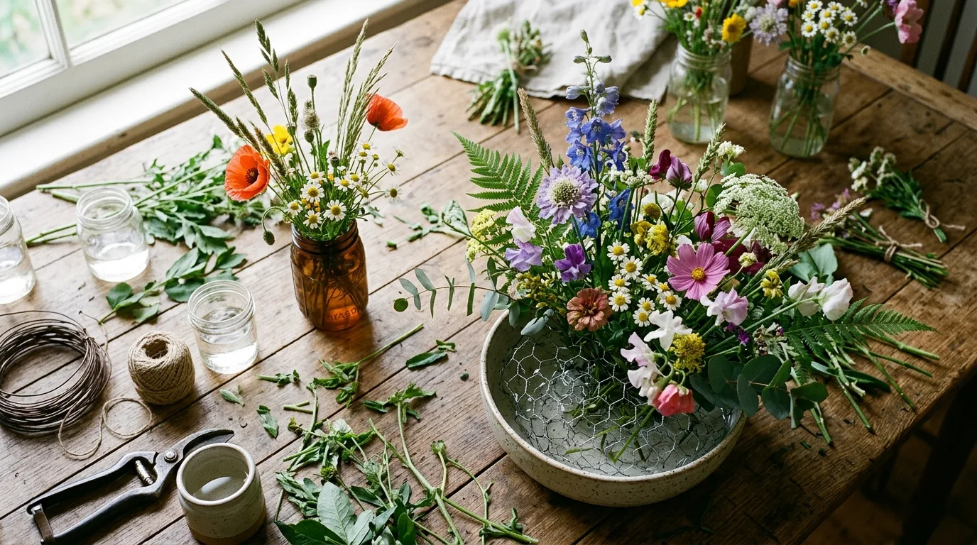 Overhead view of a sustainable floral workshop with foam-free arranging, locally sourced wildflowers, and natural wood table