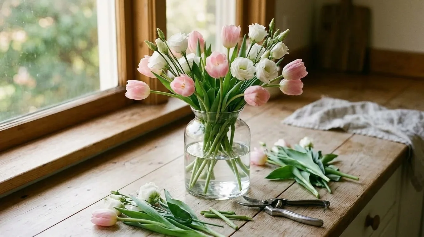 Pink tulips and white lisianthus in a clear glass vase on a wooden counter beside floral shears and stem trimmings