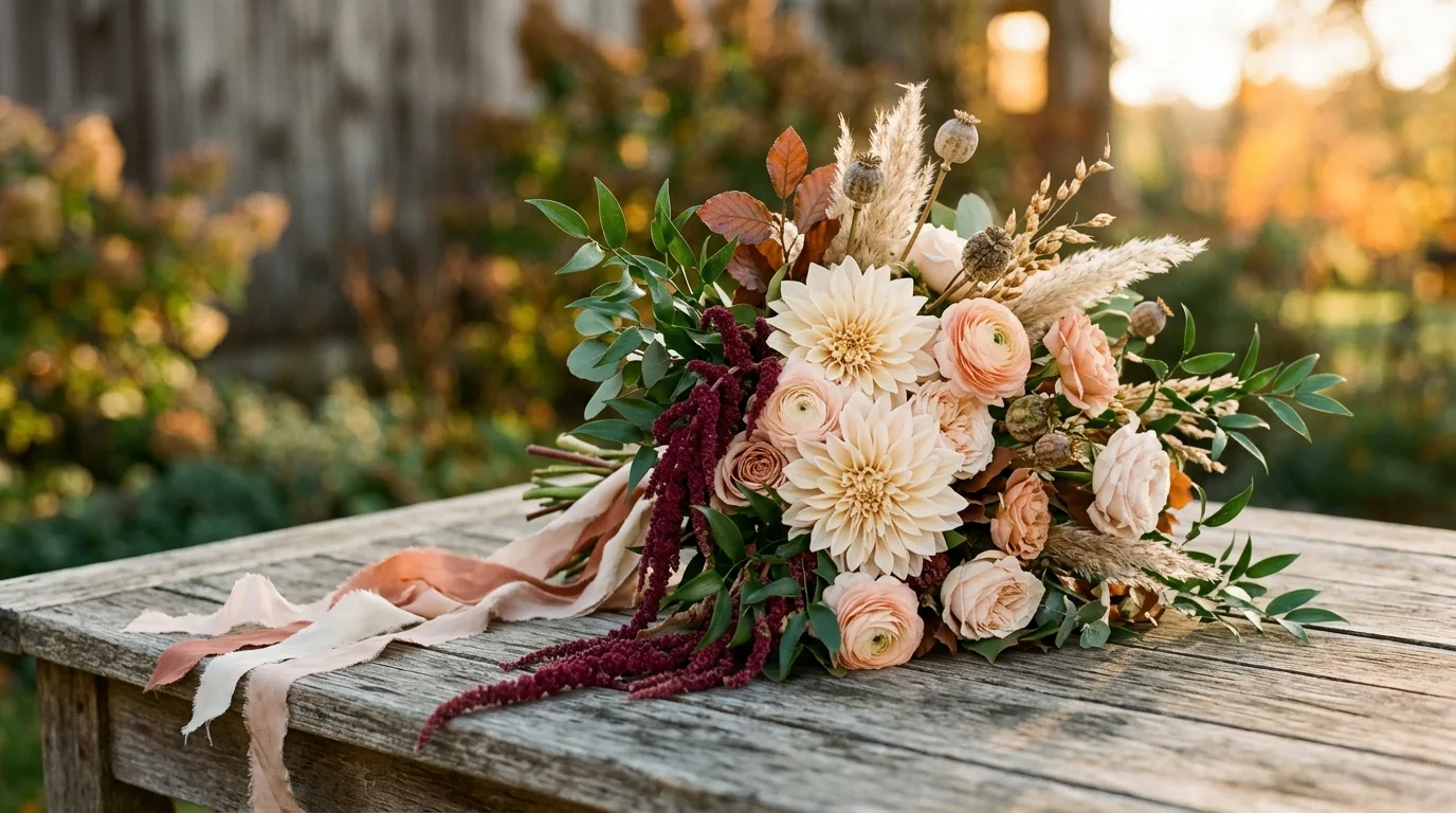 Elegant bridal bouquet of cafe au lait dahlias, blush ranunculus, and burgundy amaranth in warm autumn light